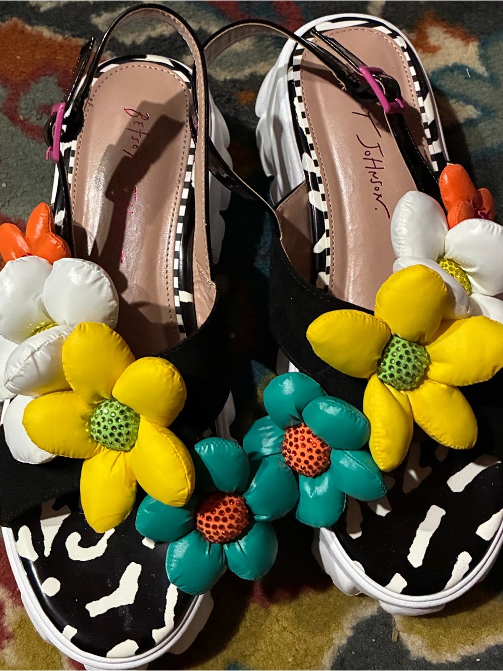 Betsey Johnson Black Sandals with Yellow, Teal, White & Orange Floral Accents - Picture 1 of 4